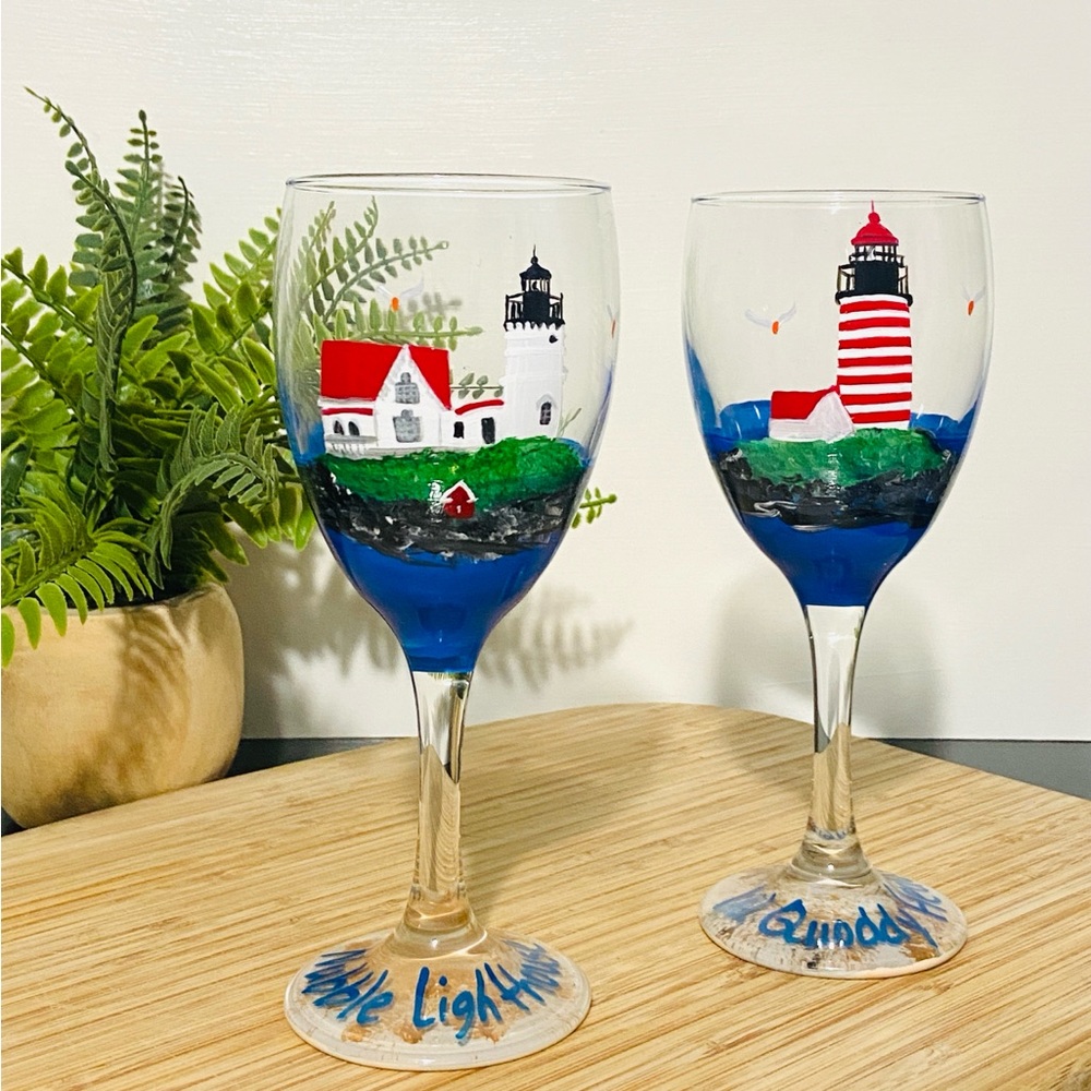 Hand-Painted Lighthouse Wine Glass Set